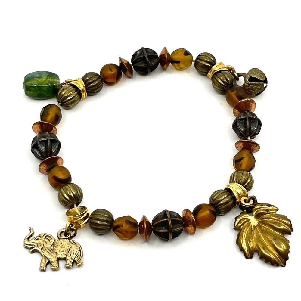Vintage Bronze‎ Tone Mixed Media Beaded Charm Bracelet Elephant Leaf Boho Retro